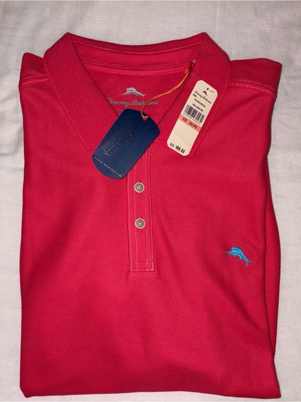 Tommy Bahama Men's Coral-Red Polo with Blue Marlin Logo